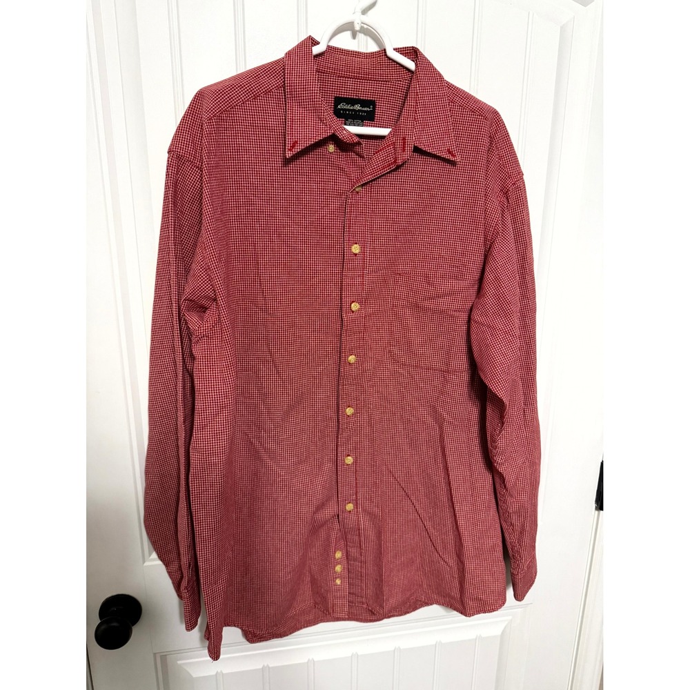 Eddie Bauer Button Down Shirt Mens XL Tall Red‎ Gingham Check Cotton Long Sleeve